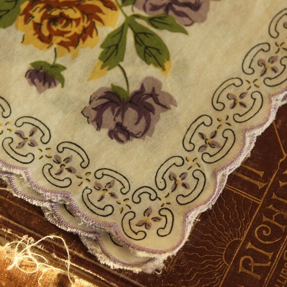 Vintage Handkerchief, Purple and Yellow Roses Flower Print Cotton Hankie - Picture 4 of 12